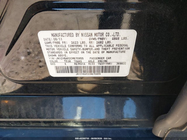 45295755 :رقم المزاد ، JN1CV6AR2CM670955 vin ، 2012 Infiniti G37x مزاد بيع