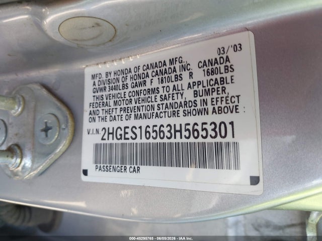 45295765 :رقم المزاد ، 2HGES16563H565301 vin ، 2003 Honda Civic Lx مزاد بيع