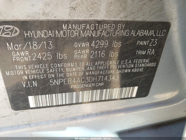 45295771 :رقم المزاد ، 5NPEB4AC3DH714343 vin ، 2013 Hyundai Sonata Gls مزاد بيع