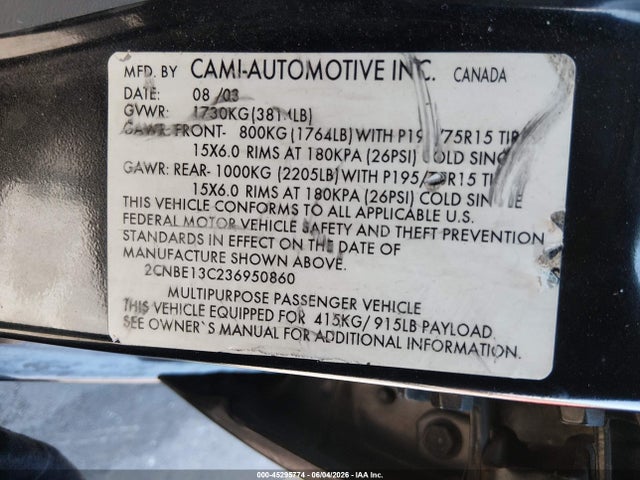 Aukcja sprzedaży 2003 Chevrolet Tracker Hard Top Base, vin: 2CNBE13C236950860, numer aukcji: 45295774