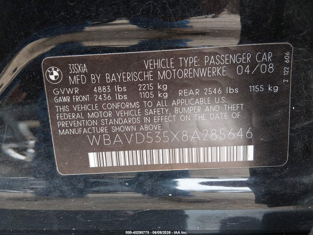 2008 Bmw 335xi მანქანა იყიდება აუქციონზე, vin: WBAVD535X8A285646, აუქციონის ნომერი: 45295775