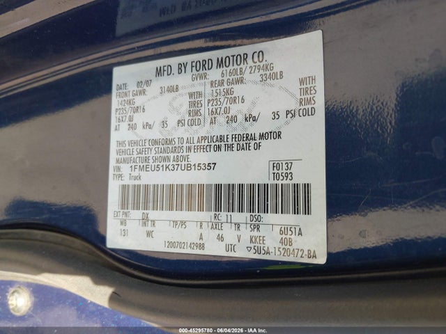 Aukcja sprzedaży 2007 Ford Explorer Sport Trac Xlt, vin: 1FMEU51K37UB15357, numer aukcji: 45295780