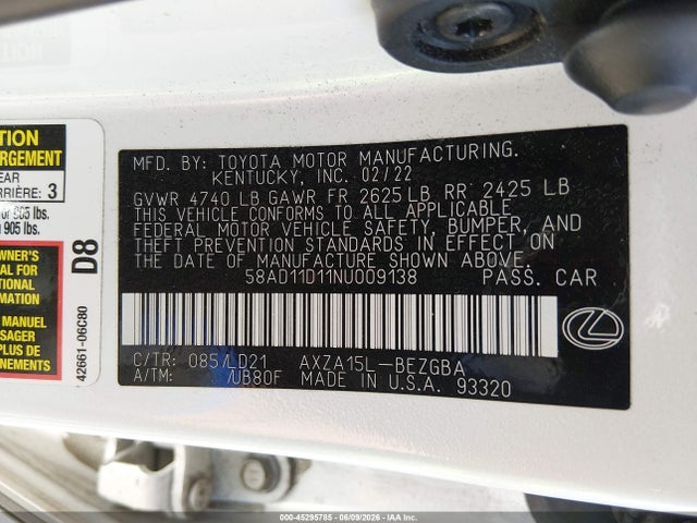 Продажа на аукционе авто 2022 Lexus Es 250, vin: 58AD11D11NU009138, номер лота: 45295785