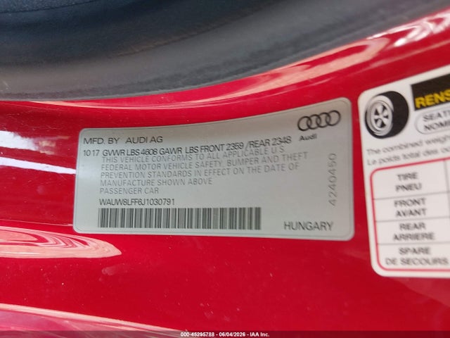 2018 Audi A3 2.0t Premium მანქანა იყიდება აუქციონზე, vin: WAUW8LFF6J1030791, აუქციონის ნომერი: 45295788