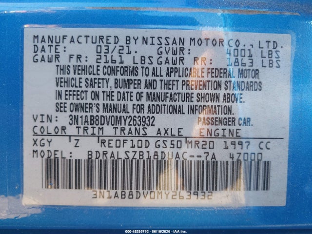 Auction sale of the 2021 Nissan Sentra Sr Xtronic Cvt, vin: 3N1AB8DV0MY263932, lot number: 45295792