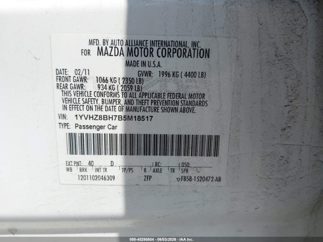 Aukcja sprzedaży 2011 Mazda Mazda6 I Sport, vin: 1YVHZ8BH7B5M18517, numer aukcji: 45295804