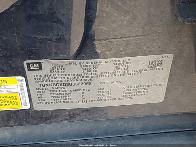 Продажа на аукционе авто 2016 Chevrolet Traverse 1lt, vin: 1GNKRGKD8GJ322968, номер лота: 45295817
