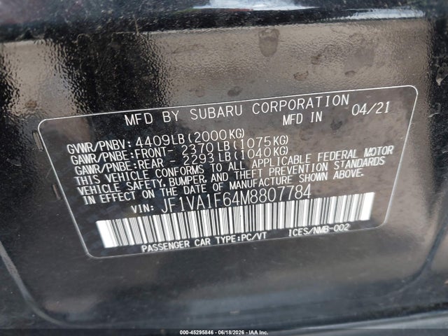 Продажа на аукционе авто 2021 Subaru Wrx Premium, vin: JF1VA1F64M8807784, номер лота: 45295846
