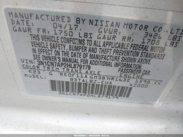 Продажа на аукционе авто 2017 Nissan Versa 1.6 Sv, vin: 3N1CN7AP2HL879179, номер лота: 45295911