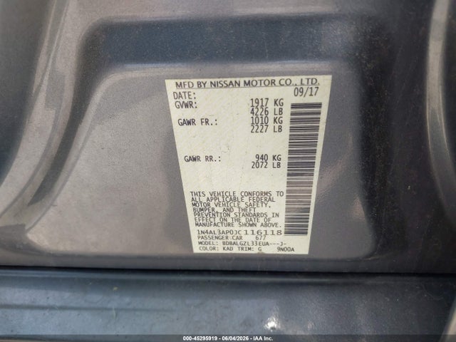2018 Nissan Altima 2.5 S მანქანა იყიდება აუქციონზე, vin: 1N4AL3AP0JC116118, აუქციონის ნომერი: 45295919