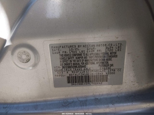 45295928 :رقم المزاد ، 3N1CN8EV2ML925442 vin ، 2021 Nissan Versa Sv Xtronic Cvt مزاد بيع