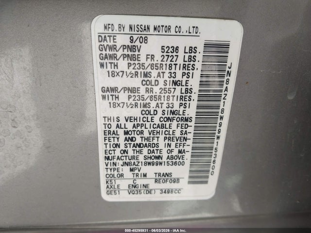 45295931 :رقم المزاد ، JN8AZ18W99W153600 vin ، 2009 Nissan Murano Sl مزاد بيع