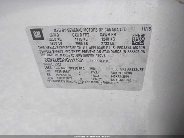 45295939 :رقم المزاد ، 2GNALBEK1G1134801 vin ، 2016 Chevrolet Equinox Ls مزاد بيع