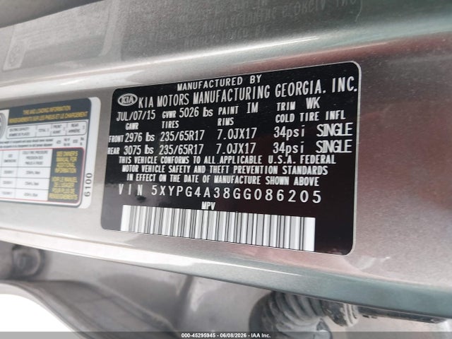 5XYPG4A38GG086205 KIA Sorento 2.4l L