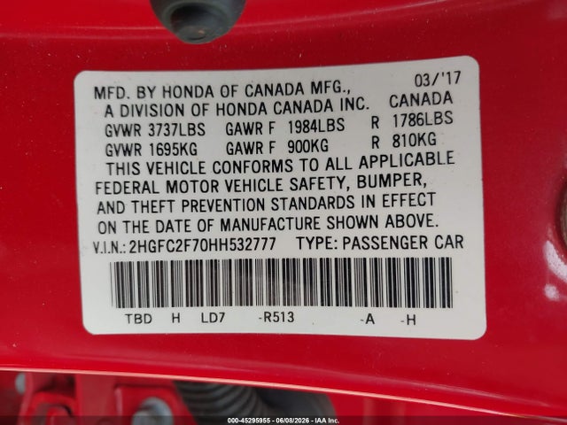 45295955 :رقم المزاد ، 2HGFC2F70HH532777 vin ، 2017 Honda Civic Ex مزاد بيع