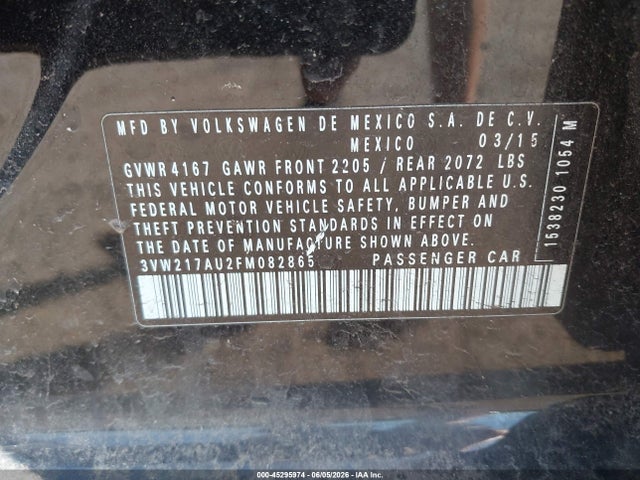 Aukcja sprzedaży 2015 Volkswagen Golf Tsi S 4-door, vin: 3VW217AU2FM082865, numer aukcji: 45295974
