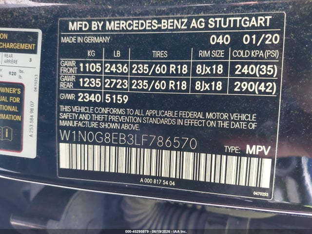 2020 Mercedes-benz Glc 300 4matic მანქანა იყიდება აუქციონზე, vin: W1N0G8EB3LF786570, აუქციონის ნომერი: 45295979