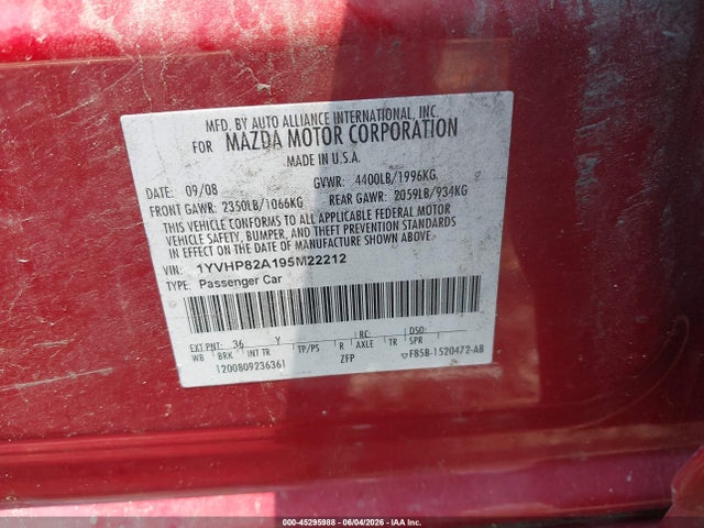 45295988 :رقم المزاد ، 1YVHP82A195M22212 vin ، 2009 Mazda Mazda6 I Grand Touring مزاد بيع