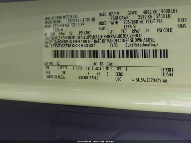 1FBZX2ZMXKKB43621 Ford Transit-350 Xl