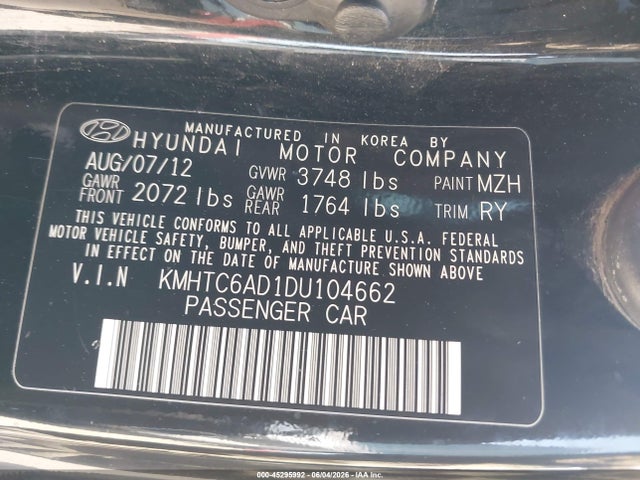Aukcja sprzedaży 2013 Hyundai Veloster Base W/gray, vin: KMHTC6AD1DU104662, numer aukcji: 45295992