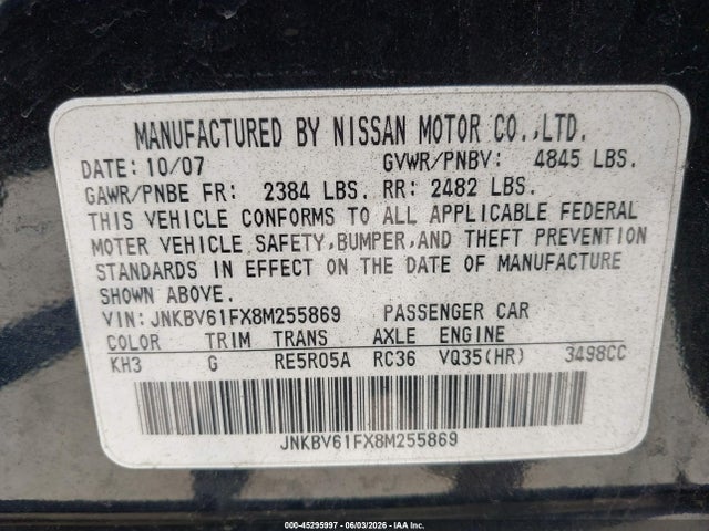 Aukcja sprzedaży 2008 Infiniti G35x, vin: JNKBV61FX8M255869, numer aukcji: 45295997