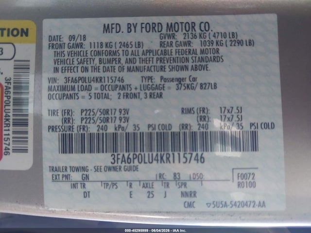 3FA6P0LU4KR115746 Ford Fusion Hybrid Se