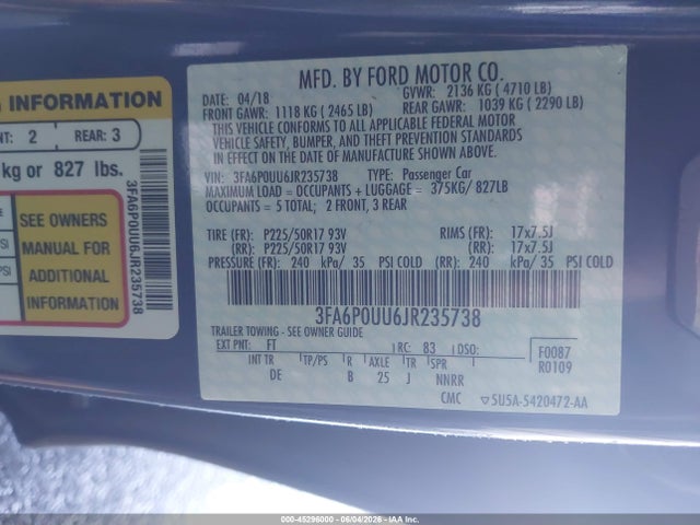 3FA6P0UU6JR235738 Ford Fusion Hybrid S