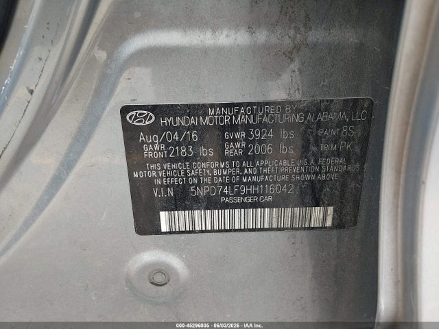 2017 Hyundai Elantra Se მანქანა იყიდება აუქციონზე, vin: 5NPD74LF9HH116042, აუქციონის ნომერი: 45296005