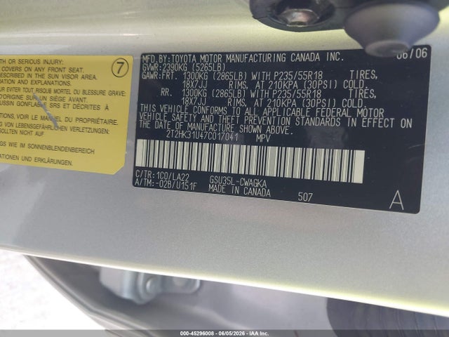 45296008 :رقم المزاد ، 2T2HK31U47C017041 vin ، 2007 Lexus Rx 350 مزاد بيع