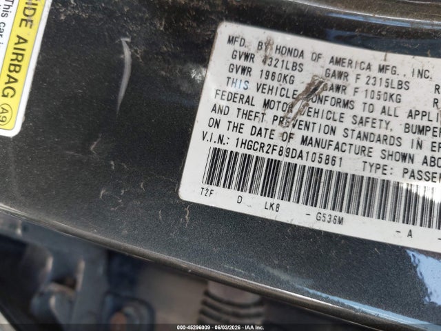2013 Honda Accord Ex-l მანქანა იყიდება აუქციონზე, vin: 1HGCR2F89DA105861, აუქციონის ნომერი: 45296009