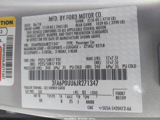 3FA6P0UU6JR271347 Ford Fusion Hybrid S