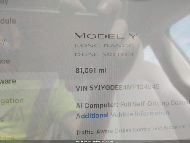 Aukcja sprzedaży 2021 Tesla Model Y Long Range Dual Motor All-wheel Drive, vin: 5YJYGDEE4MF104945, numer aukcji: 45296045