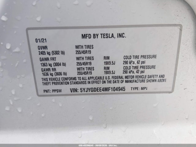 45296045 :رقم المزاد ، 5YJYGDEE4MF104945 vin ، 2021 Tesla Model Y Long Range Dual Motor All-wheel Drive مزاد بيع