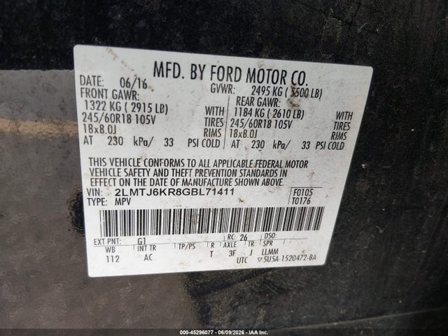 2016 Lincoln Mkx Select მანქანა იყიდება აუქციონზე, vin: 2LMTJ6KR8GBL71411, აუქციონის ნომერი: 45296077