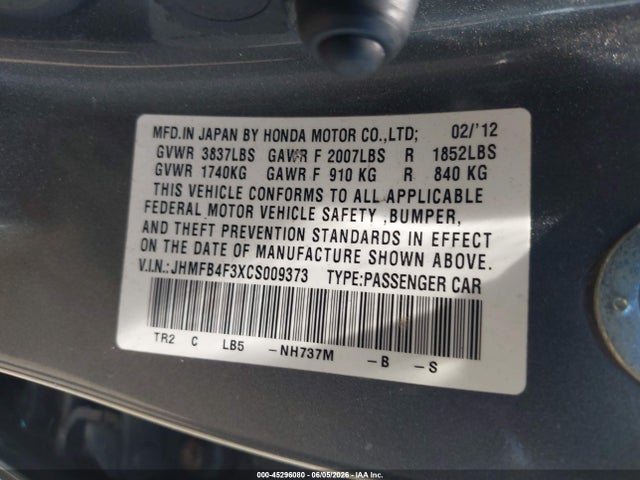 45296080 :رقم المزاد ، JHMFB4F3XCS009373 vin ، 2012 Honda Civic Hybrid مزاد بيع
