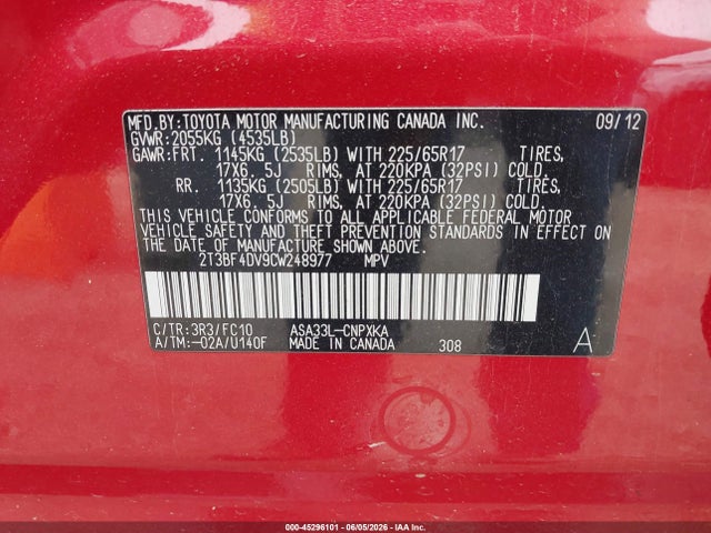 2012 Toyota Rav4 მანქანა იყიდება აუქციონზე, vin: 2T3BF4DV9CW248977, აუქციონის ნომერი: 45296101