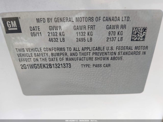 Aukcja sprzedaży 2011 Chevrolet Impala Lt, vin: 2G1WG5EK2B1321373, numer aukcji: 45296112