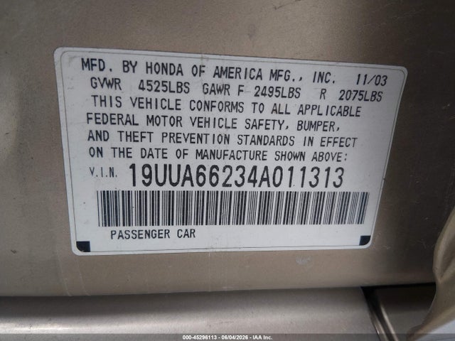 Продажа на аукционе авто 2004 Acura Tl, vin: 19UUA66234A011313, номер лота: 45296113