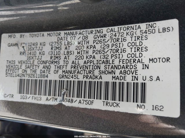 Aukcja sprzedaży 2009 Toyota Tacoma Base V6, vin: 5TELU42N79Z611884, numer aukcji: 45296131