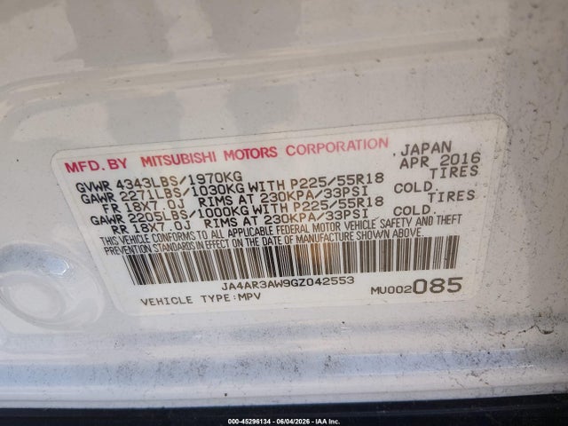 45296134 :رقم المزاد ، JA4AR3AW9GZ042553 vin ، 2016 Mitsubishi Outlander Sport 2.4 Se مزاد بيع