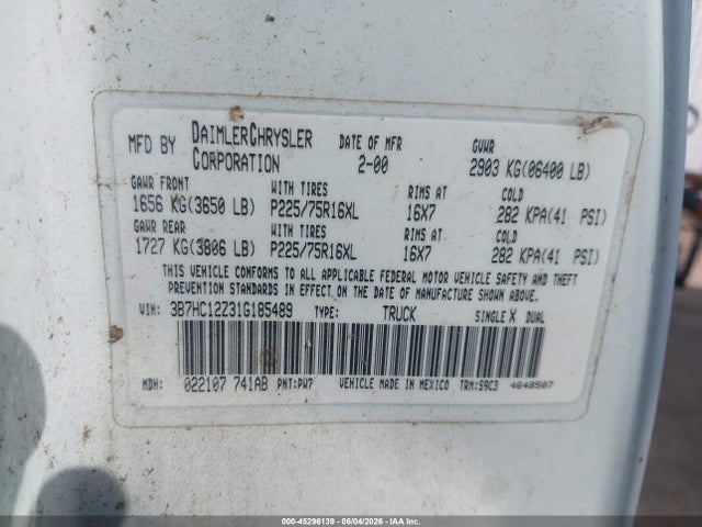 Продажа на аукционе авто 2001 Dodge Ram 1500 St, vin: 3B7HC12Z31G185489, номер лота: 45296139