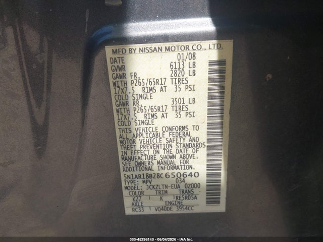 45296140 :رقم المزاد ، 5N1AR18B28C650640 vin ، 2008 Nissan Pathfinder Se مزاد بيع