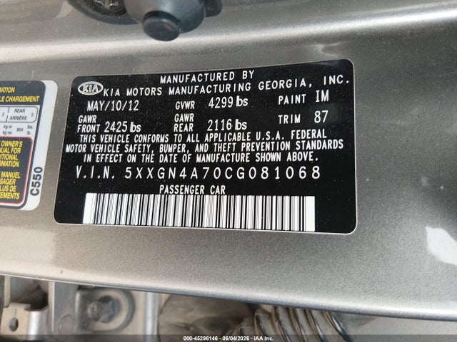 2012 Kia Optima Ex მანქანა იყიდება აუქციონზე, vin: 5XXGN4A70CG081068, აუქციონის ნომერი: 45296146