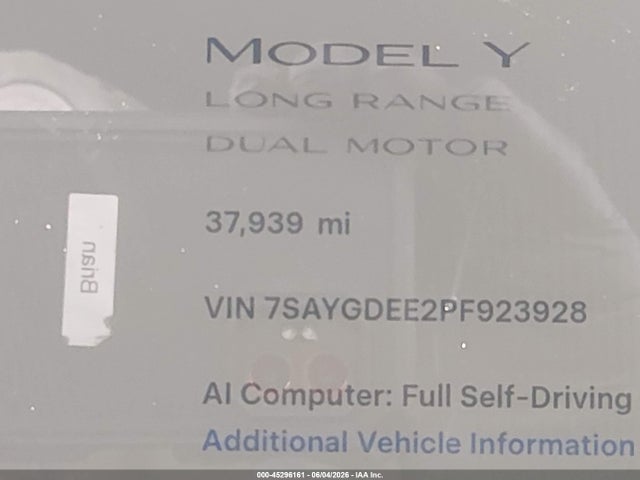 45296161 :رقم المزاد ، 7SAYGDEE2PF923928 vin ، 2023 Tesla Model Y Awd/long Range Dual Motor All-wheel Drive مزاد بيع