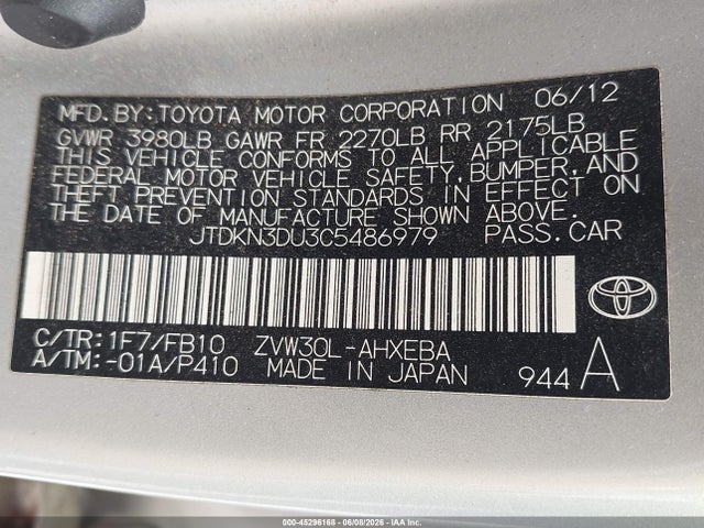 Aukcja sprzedaży 2012 Toyota Prius, vin: JTDKN3DU3C5486979, numer aukcji: 45296168