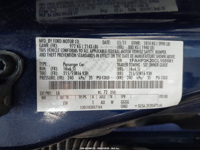 Aukcja sprzedaży 2012 Ford Focus Se, vin: 1FAHP3K20CL105581, numer aukcji: 45296170