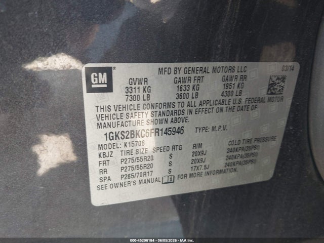 2015 Gmc Yukon Slt მანქანა იყიდება აუქციონზე, vin: 1GKS2BKC6FR145946, აუქციონის ნომერი: 45296184