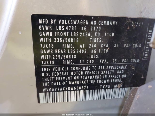 Продаж на аукціоні авто 2011 Volkswagen Tiguan Se, vin: WVGAV7AXXBW538677, номер лоту: 45296187