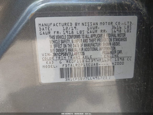 Продажа на аукционе авто 2020 Nissan Kicks S Xtronic Cvt, vin: 3N1CP5BV7LL491725, номер лота: 45296210
