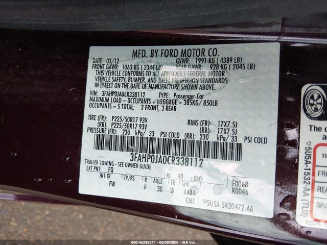 45296211 :رقم المزاد ، 3FAHP0JA0CR338112 vin ، 2012 Ford Fusion Sel مزاد بيع